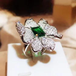 New Fashion 925 Silver Jewelry Big Flowers Green Zircon Sterling Silver Ring for Female Party Birthday Wedding Jewelry Gift