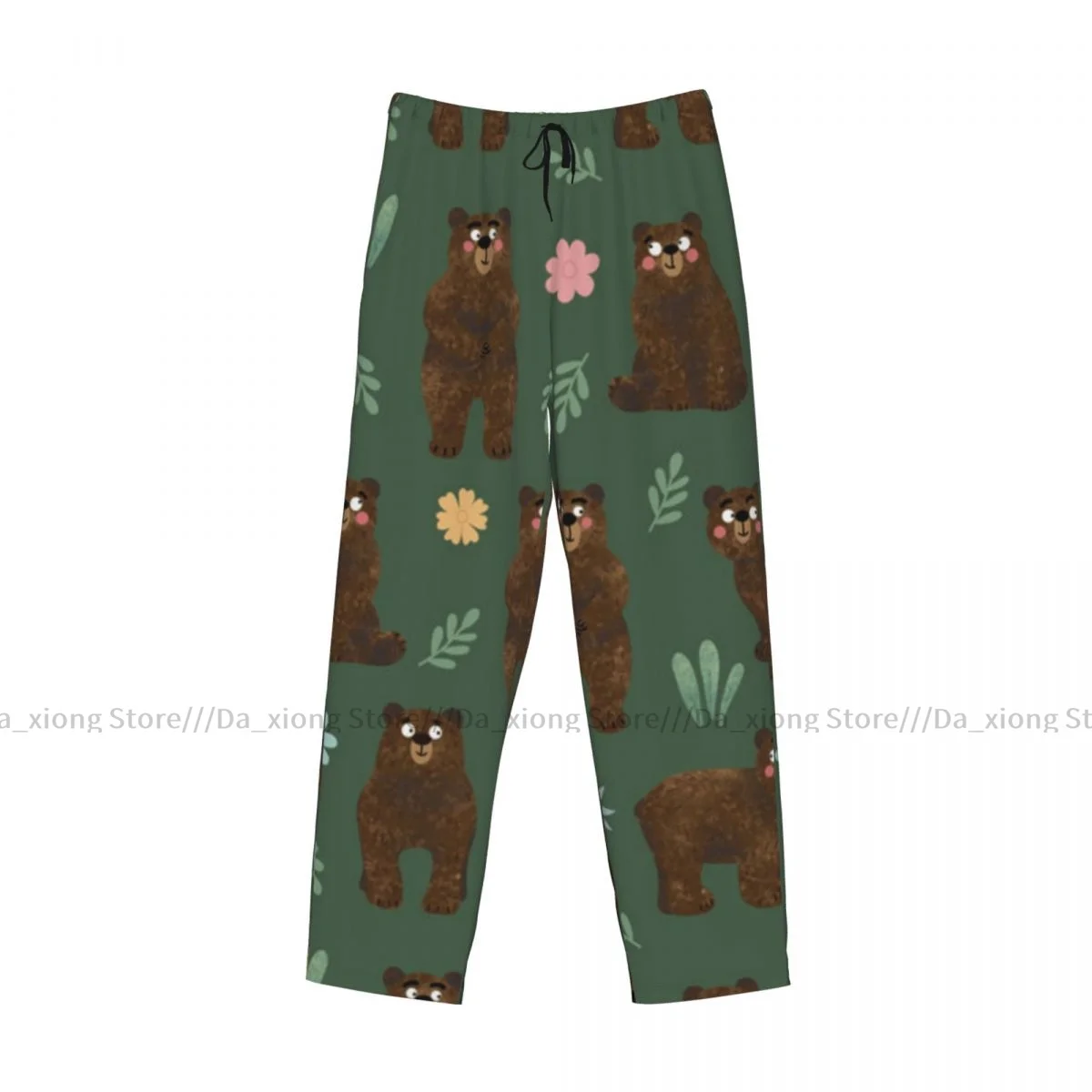 Pijama solto casual masculino com elástico na cintura, estampa de urso bonito, pijama aconchegante, calça de lounge em casa, calça comprida