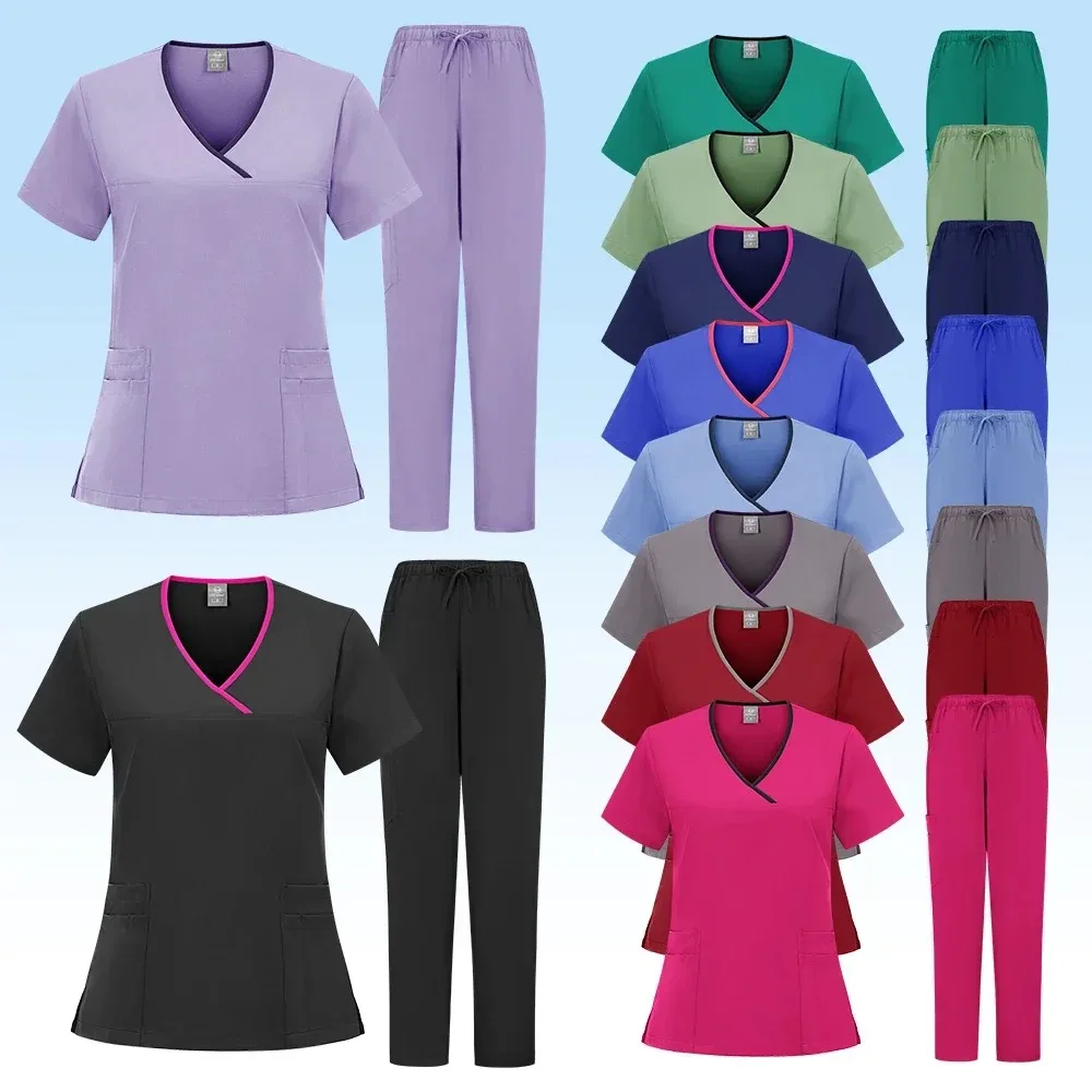 

New Scrubs Set Medical Uniforms Stretch Scrub Tops With Pocket Pants Nurse Uniform Doctor Surgery Overalls Beauty Salon Workwear
