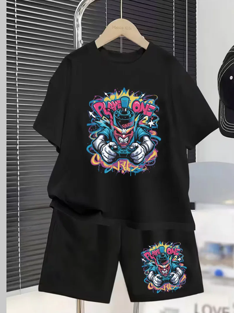 Conjunto Estampado Player One Game Controller - Conjunto Infantil de Verão Casual Estiloso Multifuncional com Camiseta de Manga Curta e Shorts