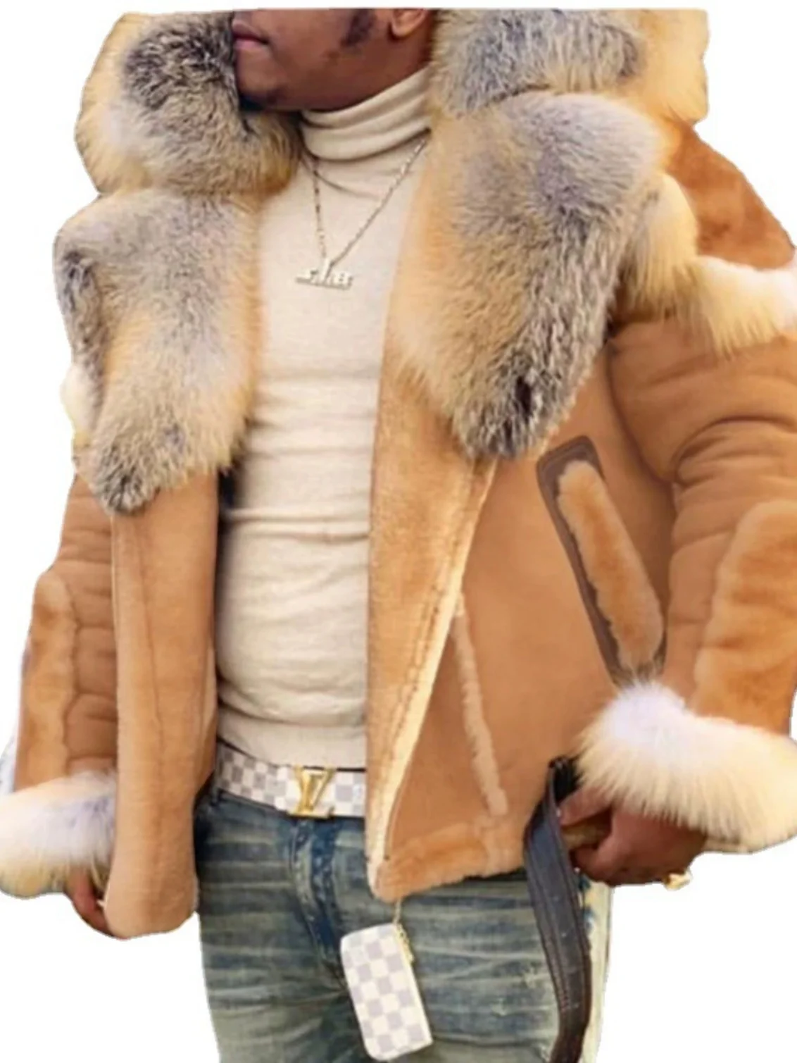 

Thiened Long Sve Men's Coat Retro Ethnic Sle Faux Fur Collar One-Piece Men's Winter Warm Clothing Street Sle Coat