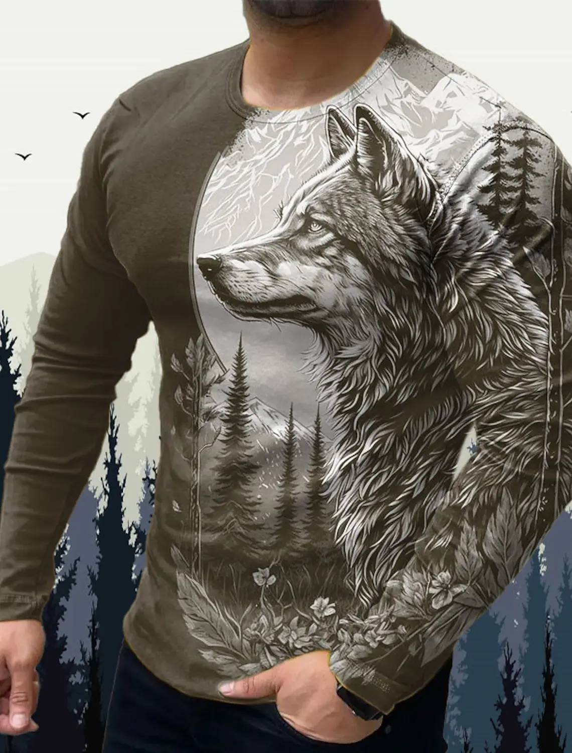 Men\'s Long Sleeve Wolf Graphic T-shirt for Men Clothing Summer Casual Top Tee Shirt Fashion Animal 3D Full Printing Streetwear