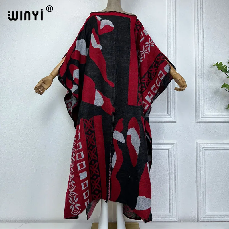 Winyi 2023 Print Comfort Warm Mode Kaftan Vakantie Jurk Elegante Afrika Vrouwen Boho Feest Winter Kleding Voor Vrouwen Lange Jurk