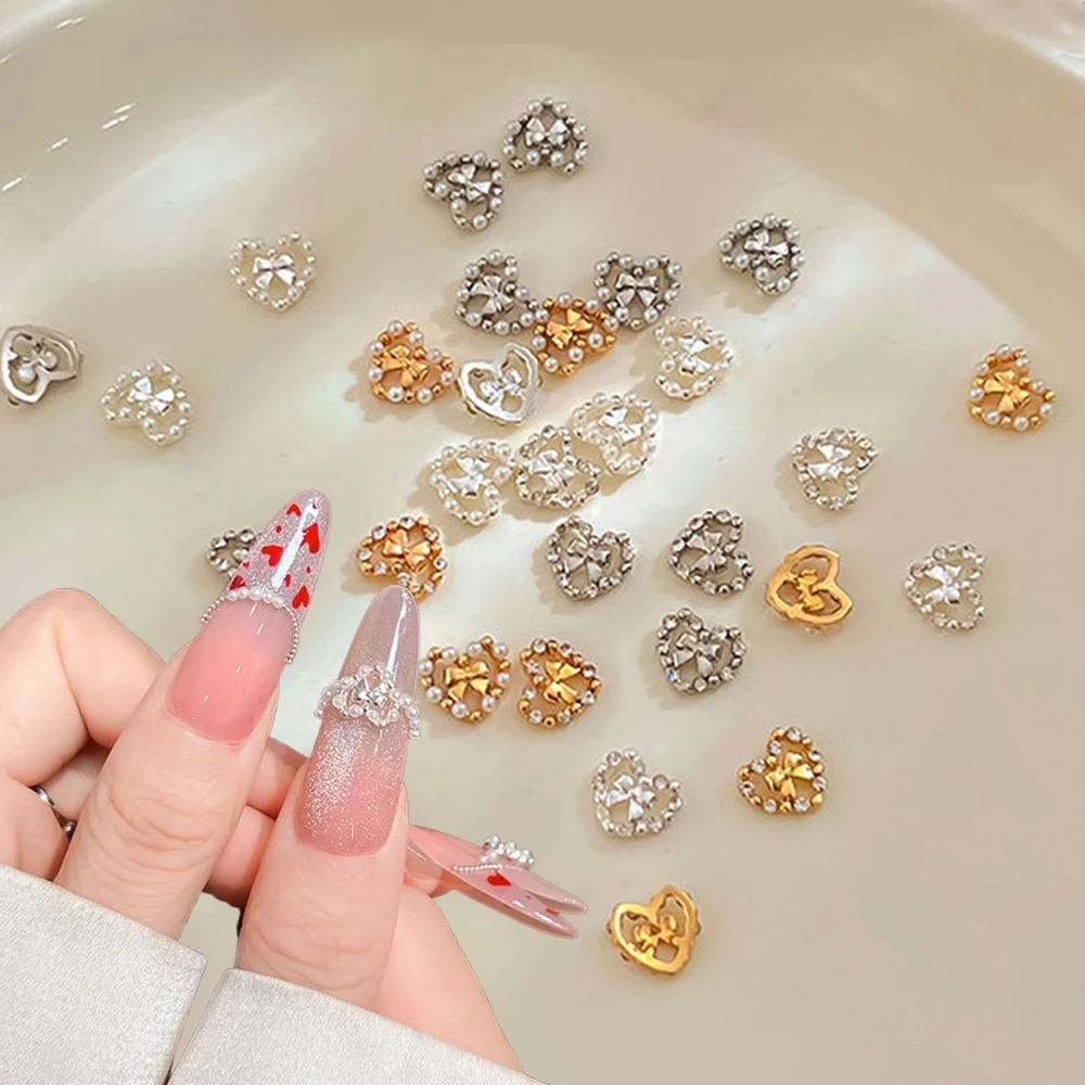 5 個パール合金ちょう結びネイルチャームゴールドシルバーラブハート弓ラインストーンマニキュアアクセサリー Y2K ジュエリーネイルアートデコレーション