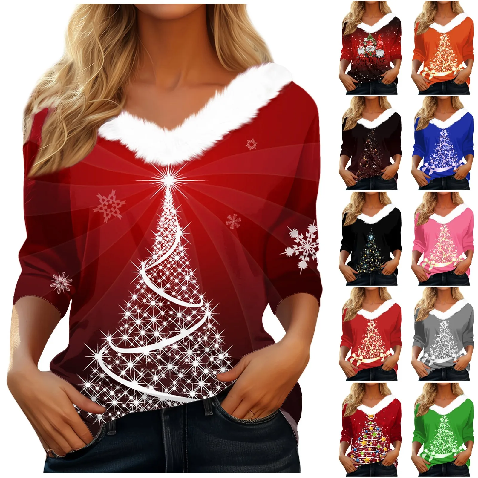 Women\'s T Shirt Tee Christmas Shirt Long Sleeve Party Christmas Fleece Collar V Neck  Top