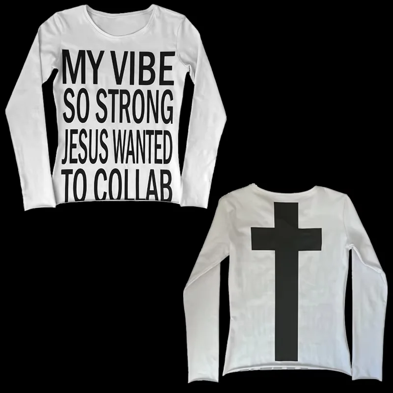 Y2k style aesthetic sweet and sexy long sleeved top for women's casual gothic punk printed T-shirt Harajuku Grunge clothes Emo