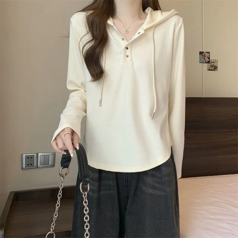 Button Placket Drawstring Hooded Long Sleeve Tee Curved Hem Slim Fit Top for Women Autumn Winter Up to 200 Pounds