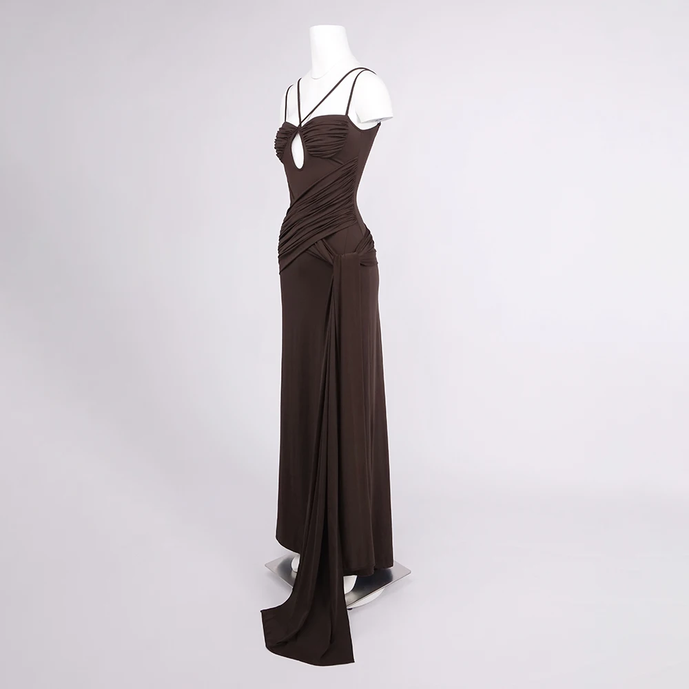 2025 Novo vestido longo elegante marrom chocolate – Vestidos de noite com tiras recortadas e fenda alta sem mangas vestido bodycon de malha