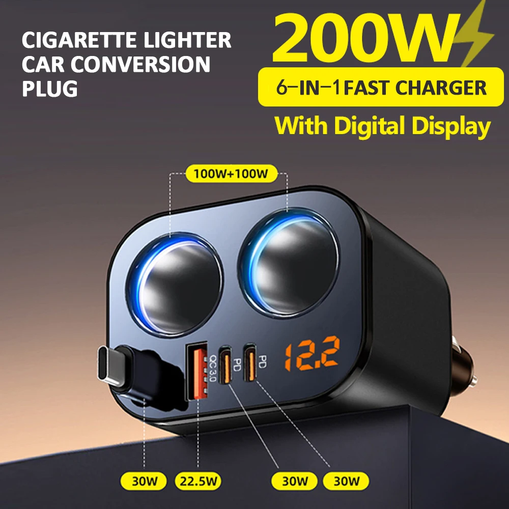 Max 200W 6 IN 1 Car Phone Charger 100W Cigarette Lighter Adapter PD30W QC3.0 Super Quick Charging Power Adapter 12-24V Universal