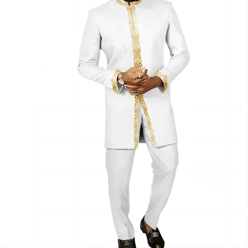 African Men\'s Clothing Fashion Embroidered Top And Trousers 2 Piece Set Elegant Classic Slim Party Ball Casual Beautiful Suit