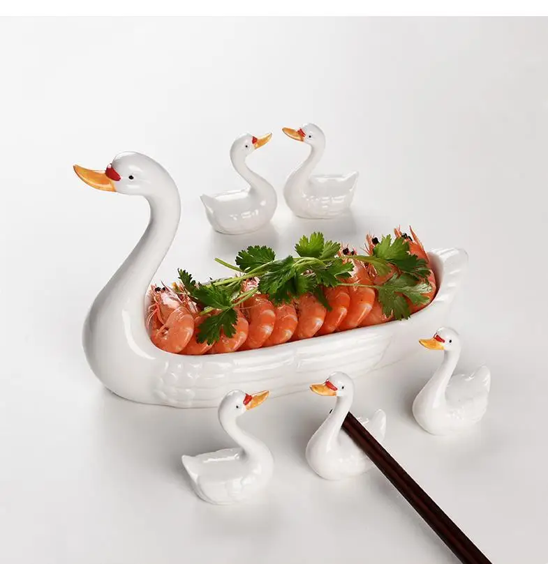 Ceramic Swan Chopstick Rest Cartoon Set Table Decoration Hand Painted Tableware Storage Plate