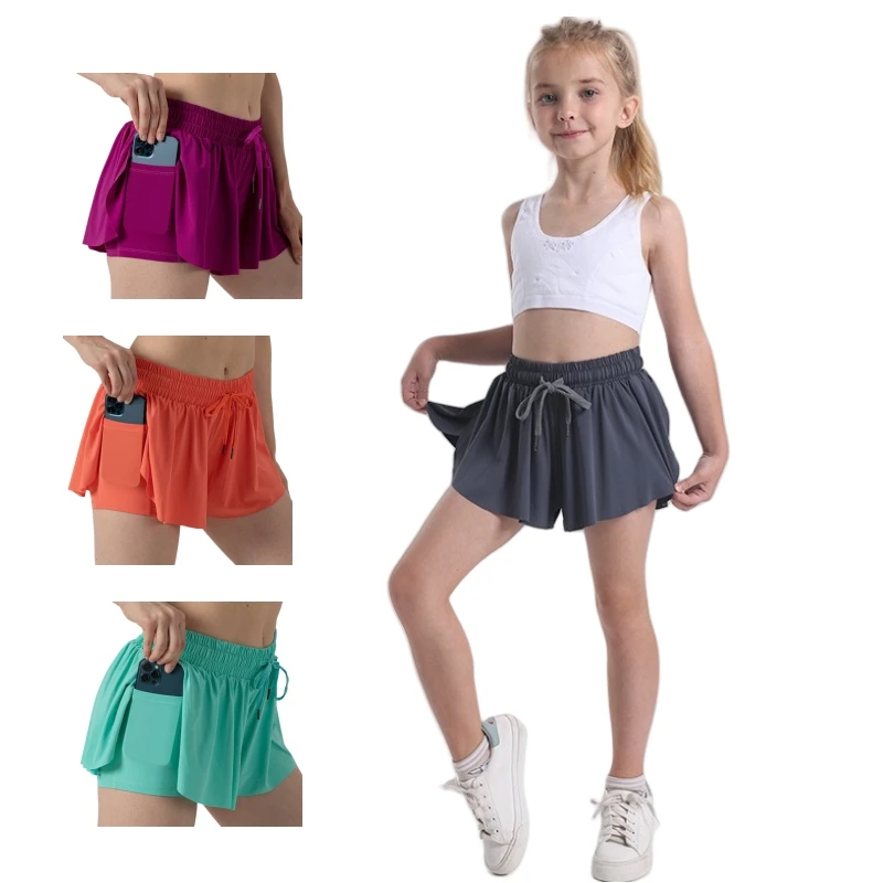 Girls Flowy Shorts 2in1 Youth Butterfly Tennis Skirts Spandex Fitness Running Kids Preppy Shorts Gym Teens Casual Clothes Summer