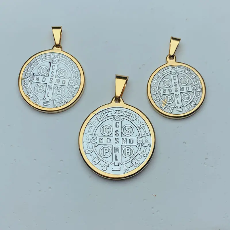 Religious Round Metal Medal Stainless Steel Jesus Cross Saint Benedict Pendants Charms For Jewelry Making Necklace Accessories