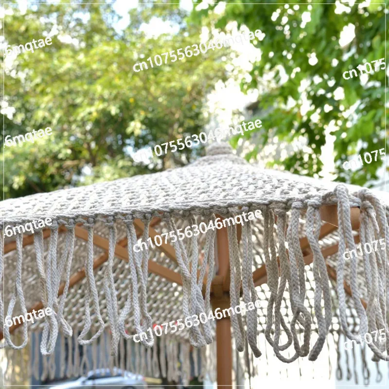 Bohemia Cotton Rope Parasols 2.5M Wooden Pole Handmade Tassels Woven Canopy Beach Umbrella with Macrame Fringe