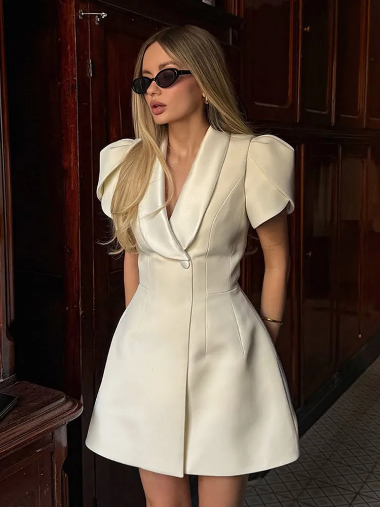 Vrouwen Solid Hoge Taille Slanke A-lijn Jurken Elegante Partij Korte Mouw Revers Mini Jurk Zomer Dame Highstreet Vakantie Gewaden