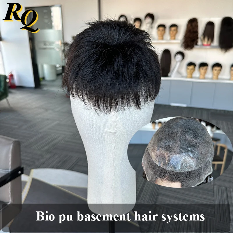 Pre Styled Cut Men\'s Human Hair System Bio Pu Basement Toupee For Men Male Hairpiece Toupee Virgin Human Hair Replacement System