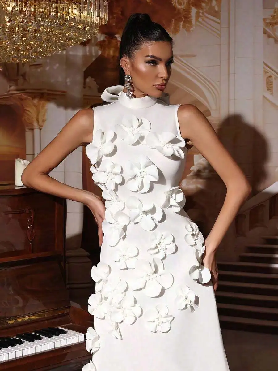 Elegant 3D Floral High Collar Fitted Dress