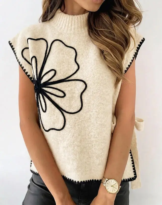 Top Women 2026 New Spring Fashion Floral Knit High Neck Sleeveless Side Tied Loose Fit Versatile Casual Pullover Sweater Top