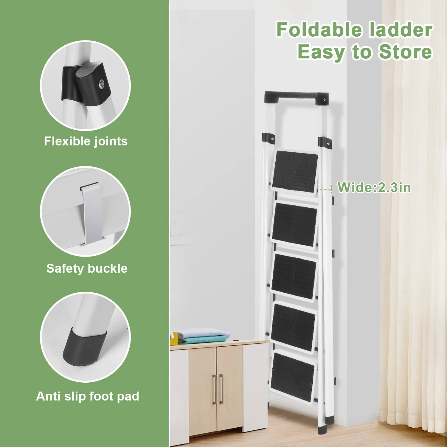 سلم متدرج، مقعد قابل للطي، مقعد سلم عالي التحمل مع دواسة واسعة ودرابزين، سلم متدرج مضاد للانزلاق مع قبضة يد #4