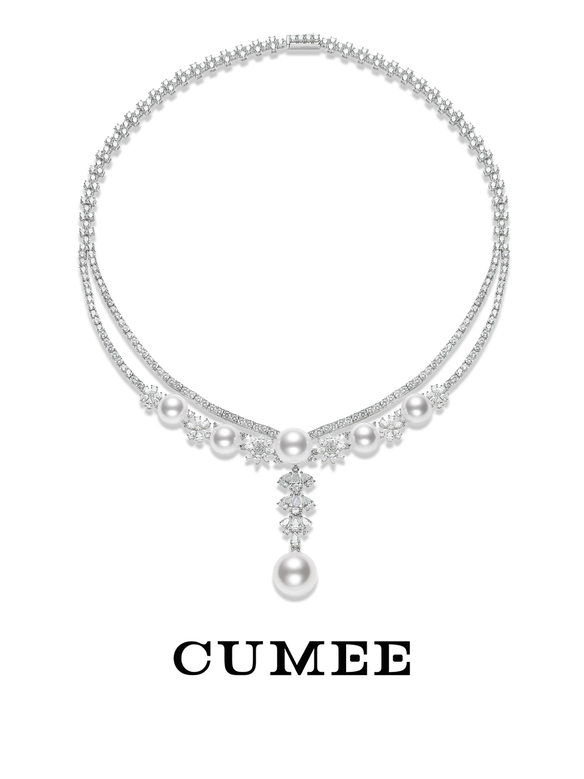 

Cumee Long White Dainty Artificial Australian White Pearl Earrings Necklace for Women 925 Silver Gold-plated Gemstone