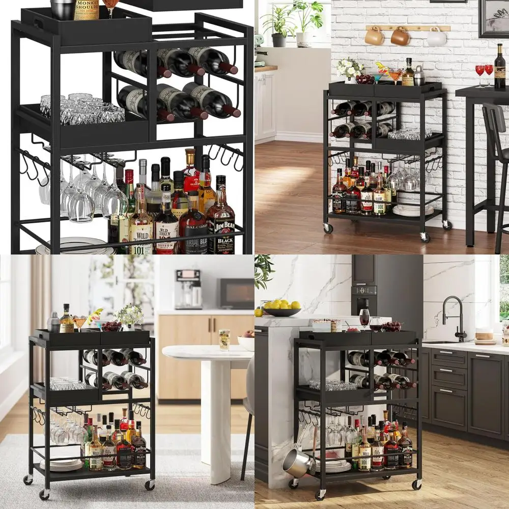 

3-Tier Rolling Bar Cart with Wine Rack and Glass Holder, Black, Home Serving Trolley on Wheels BC01BK037