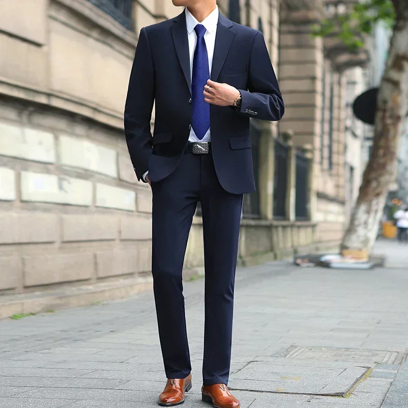 Men's Spring Fashion Solid Color Suit And Pants Two-Piece Set Handsome Wedding Dress Business Tooling All-Match Elegant
