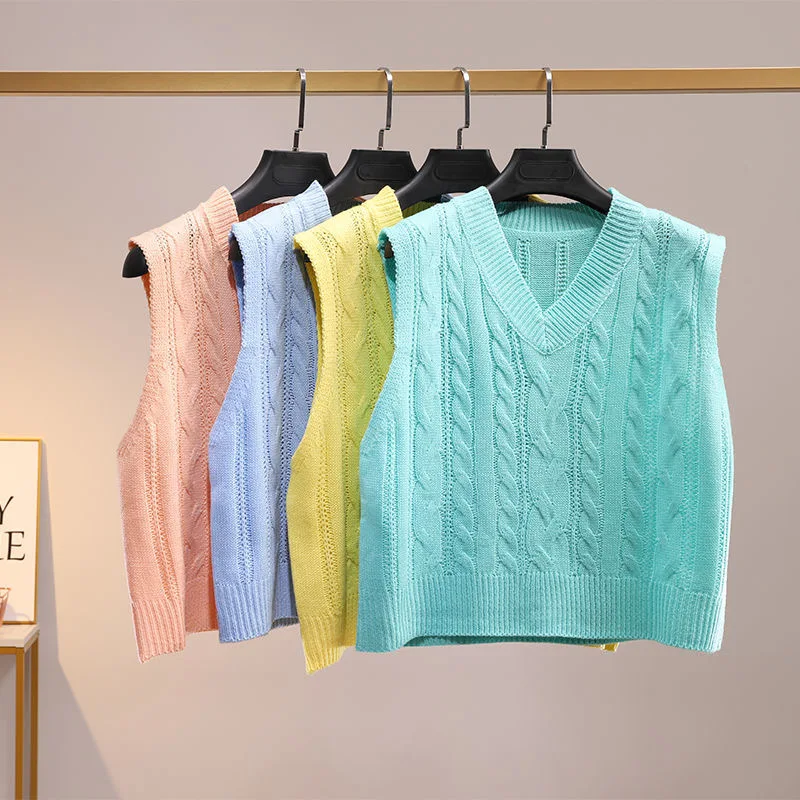 V-neck Cable Knitted Sweater Vest Women Spring Autumn Sleeveless Pullover Korean Style Cute Green Blue Pink Yellow Sweater Top