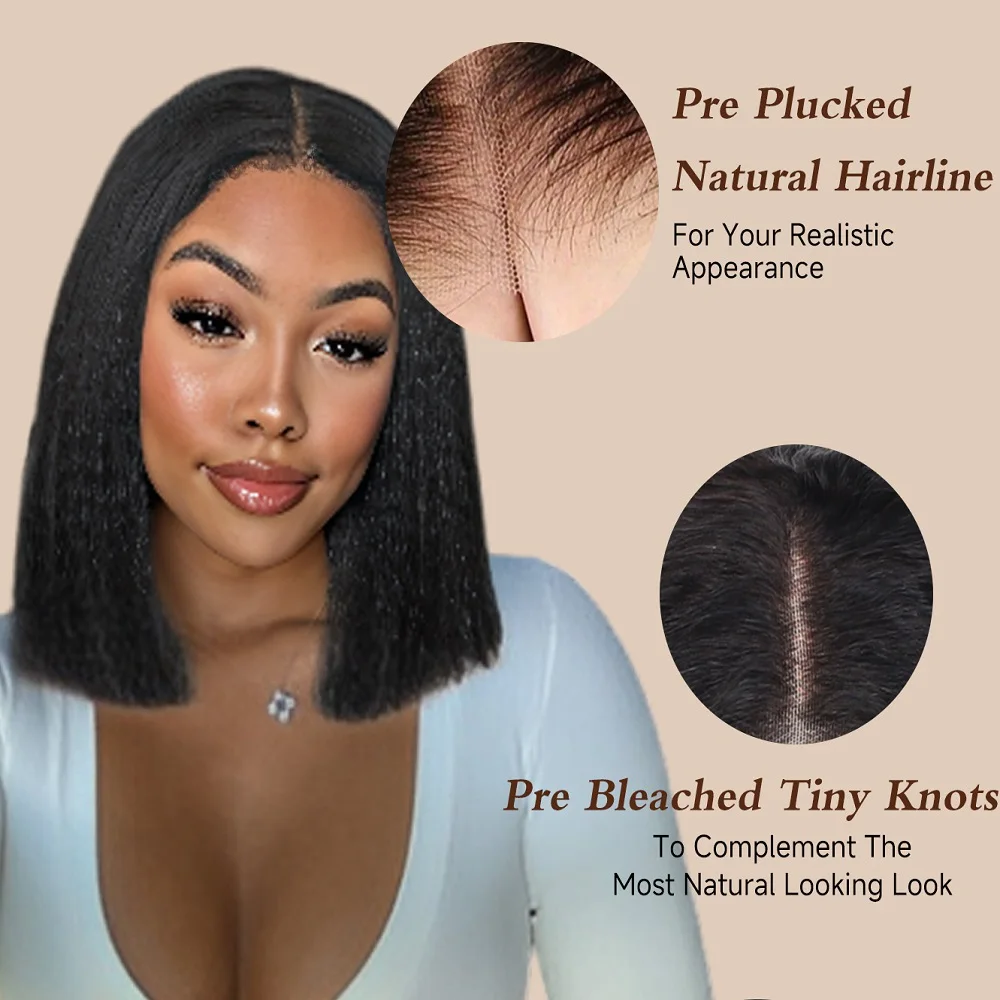 Yaki-peluca femenina de cabello humano liso con corte Bob, pelo corto recto 100% sin pegamento, con nudos blanqueados prearrancados, listo para usar, 6x4