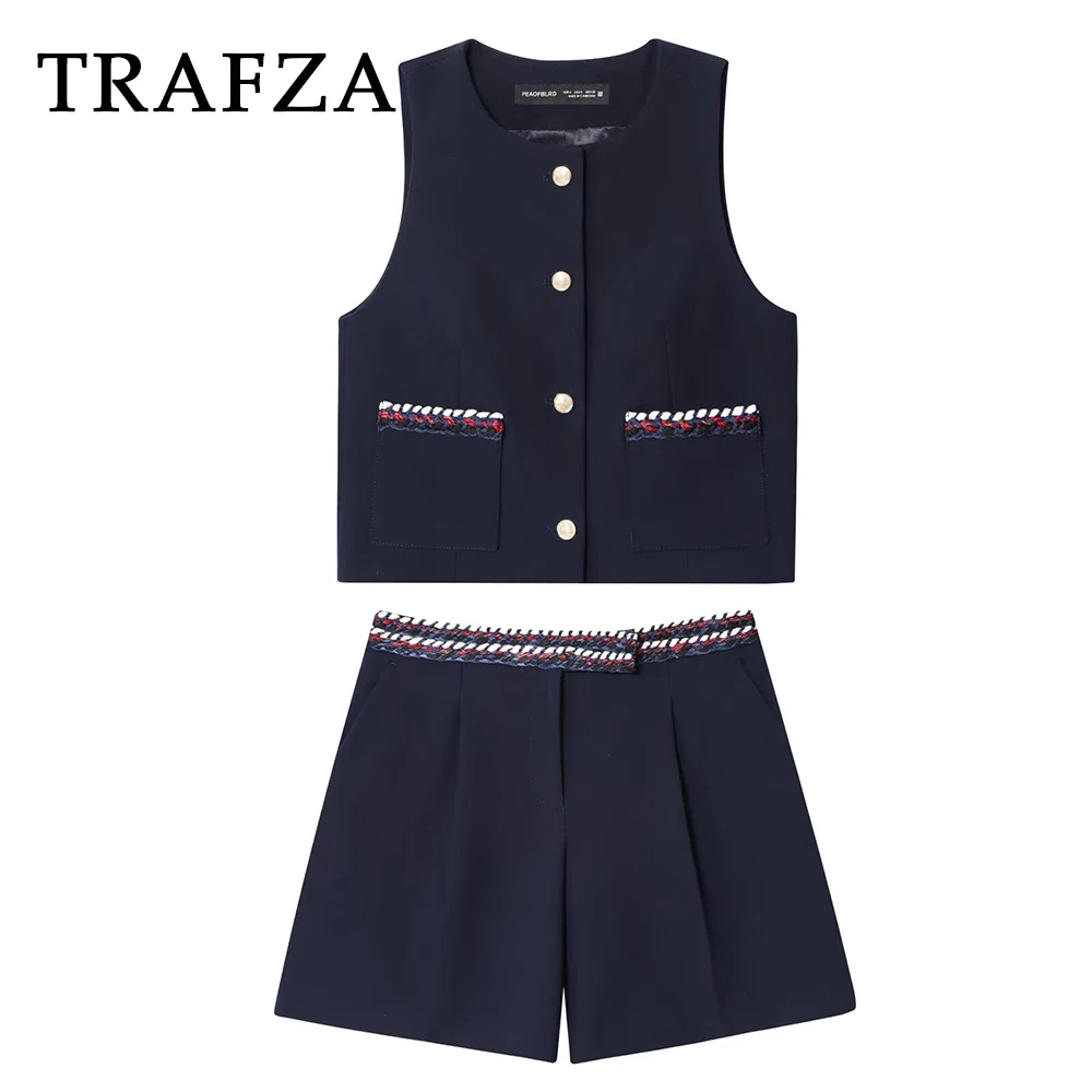 

TRAFZA Vintage Chic Casual Woman Suit Single Breasted O-Neck Vest+Folds Mini Shorts Fashion 2025 Streetwear Embroidery Mujer Set