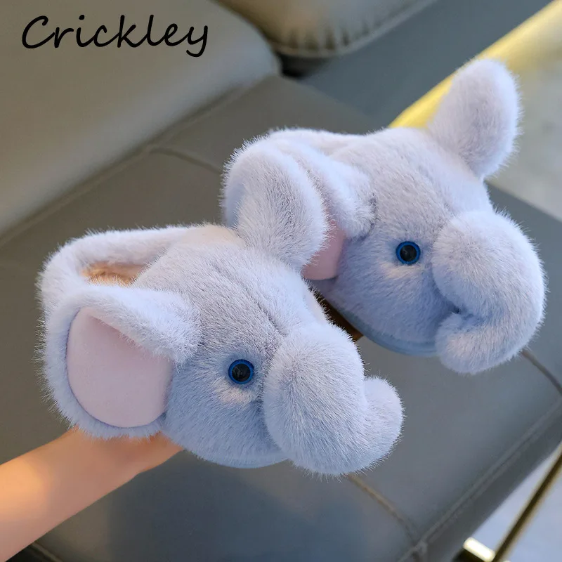 Winter Elephant Boys Girls Slippers Cartoon 3D Plush Warm Thicken Kids Slippers Family Mum Soft Sole Children Indoor Shoes