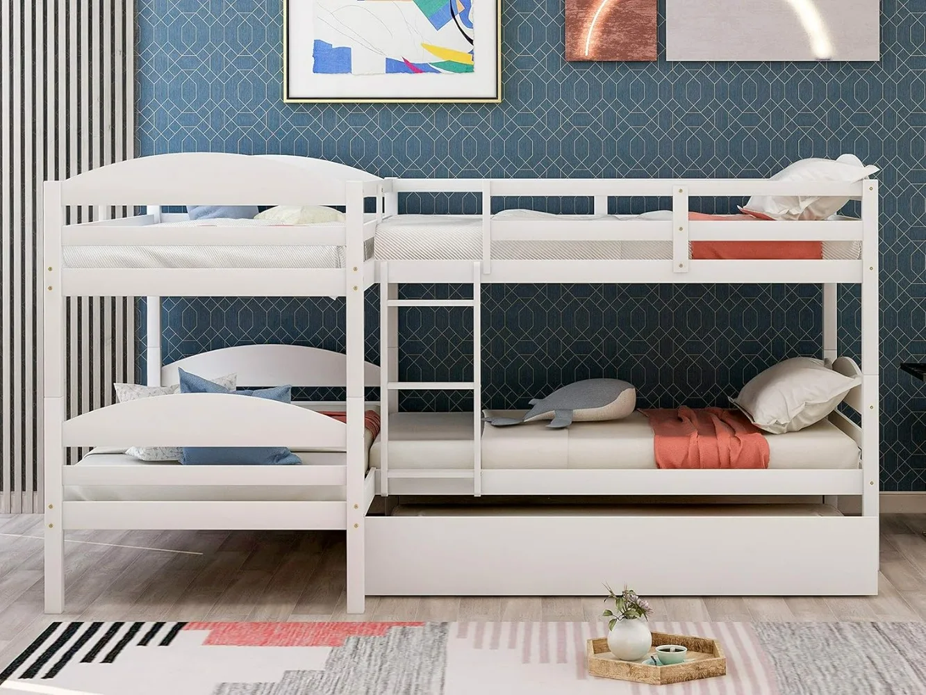 Letto a soppalco, letto a castello Quad con rotelle, letto a castello a forma di L per 4 bambini, struttura del letto a castello doppia in legno per bambini adolescenti adulti, letti