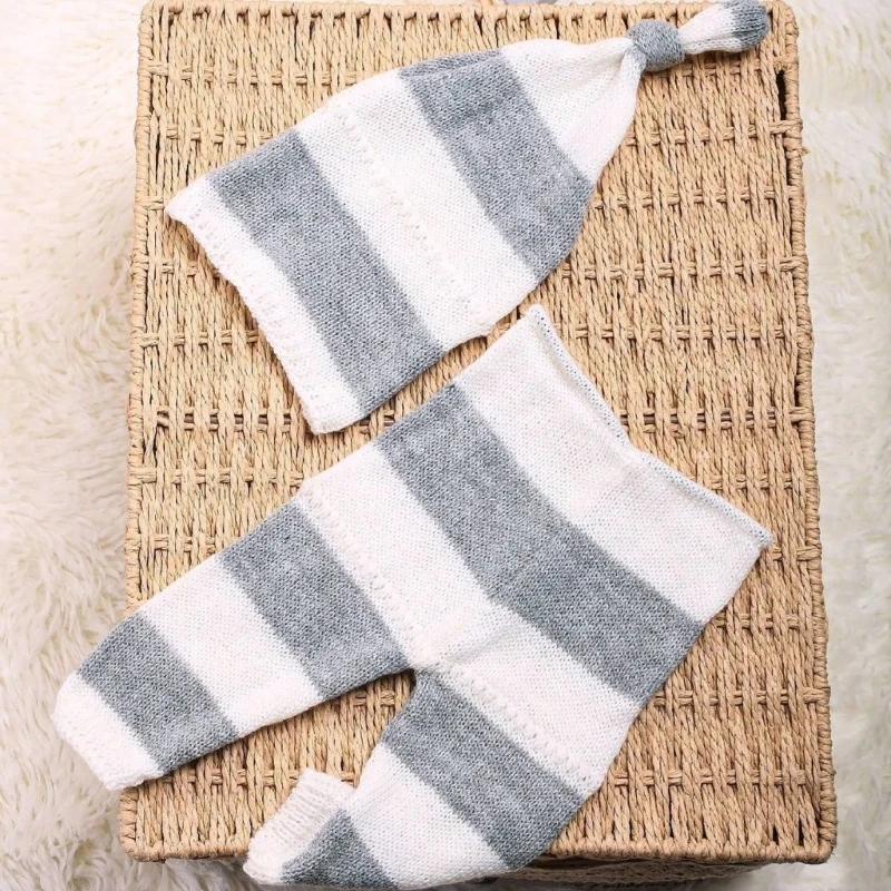 2pc Infant Photo Props Outfit Knitting Striped Pants with Matching Long Tail Hat