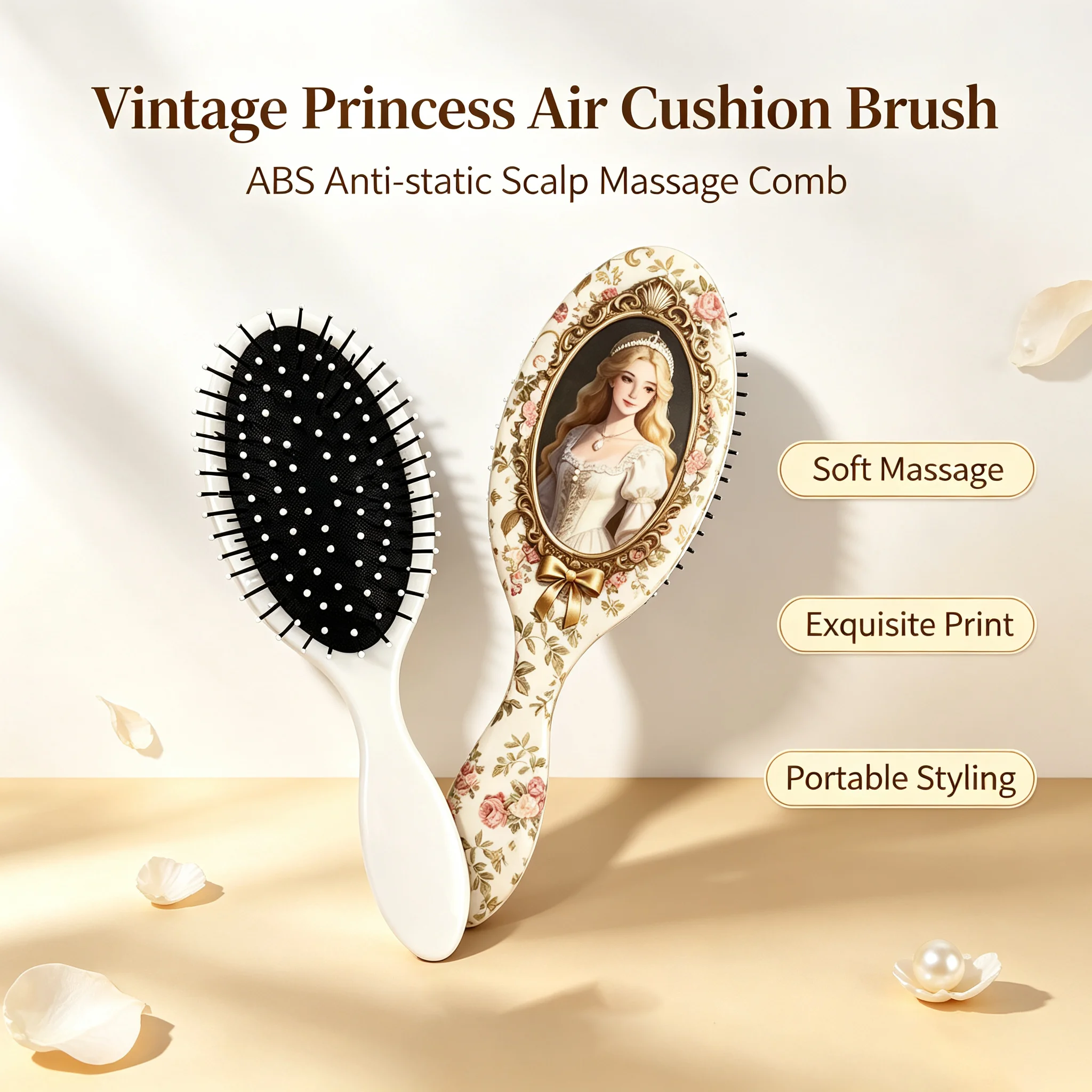 Anti-static ABS Air Cushion Hair Brush Vintage Princess Print Scalp Massage Portable Household Hair Styling Detangling Comb