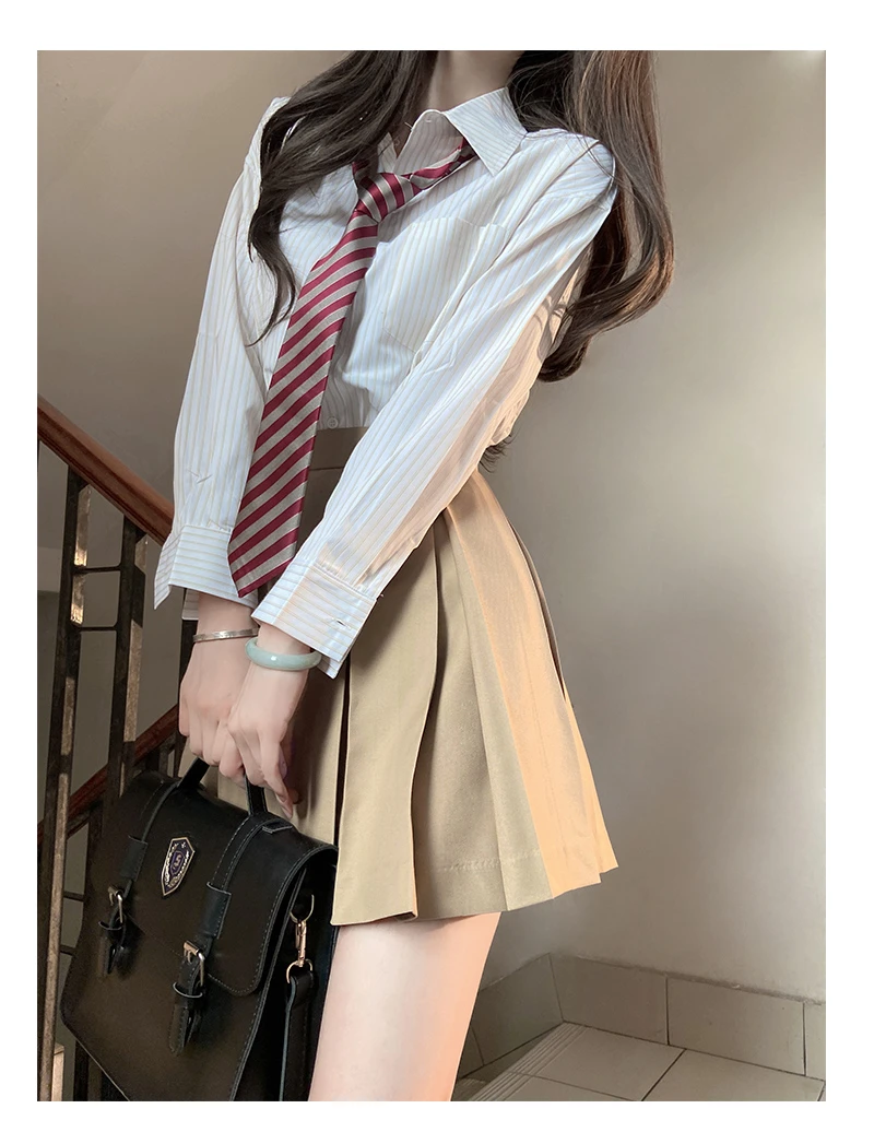 Conjunto completo de saia plissada e camisa grande listrada feminina, conjunto uniforme JK, manga comprida, curto, solto, casual, estilo universitário, americano