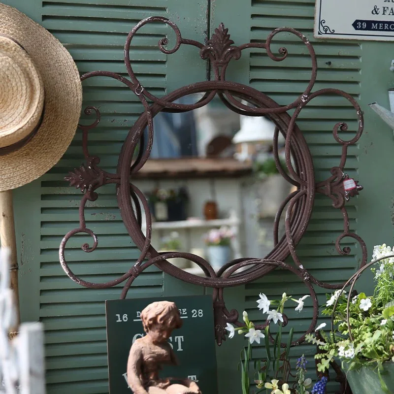 

Vintage French Country Wall Mirror, Rustic Brown Iron Scrollwork Frame, Decorative Round Mirror with Leaf Accents, 63cm Diameter
