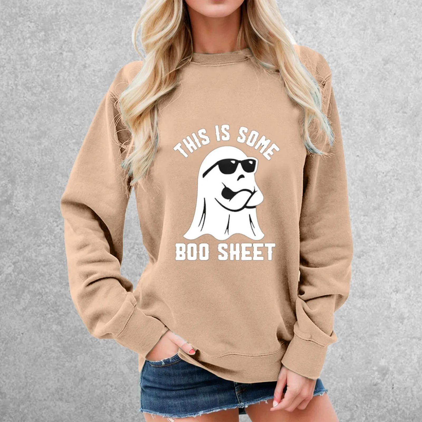 Round Neck Long Sleeve Hoodless Pullover Sweatshirt Halloween Ghost In Sunglasses Funny Print Hoodies Loose Simple Y2k Hoodies