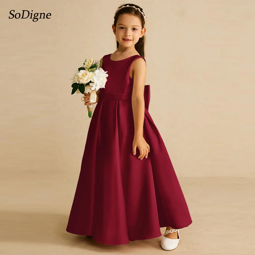 SoDigne A-line Simple Satin Flower Girl Dress O-neck Sleeveless Skirt Long Girls Party Dresses with Bow Customized Kid Gown