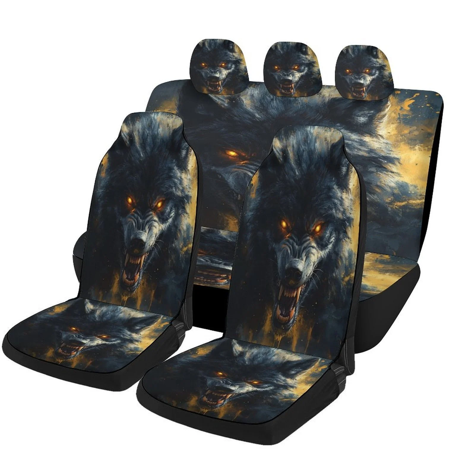 Fierce Wolf Roar Designed Car Seat Cover Set For Most Cars, Fashion Comfortable Car Seat Protector Covers Full Set, Universal C