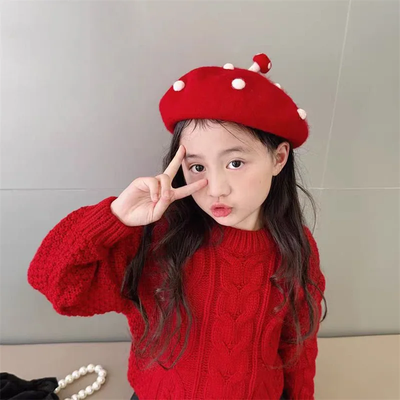 Latest Arrival Kids Girl Wool Berets Fashion Mushroom Artist French Beret Preschool Warmth Beanie Hat