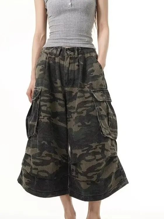 Celana Jeans Kerja Retro Kamuflase Amerika, Model Longgar Lurus Lebar, Multi-ket Kasual untuk Pria dan Wanita