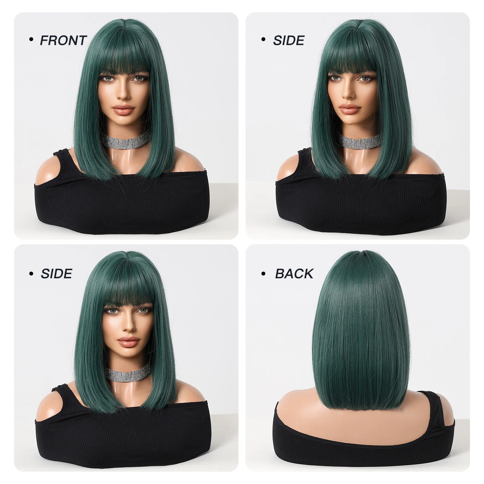 Short Bob Synthetic Wig with Bangs Green Straight Wigs Halloween Cosplay Party Women Fake Hair Wig Natural Heat Resistant Fibre