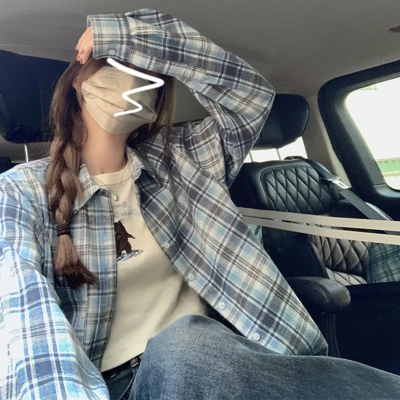 Blue Plaid Shirt Jacket Women's Early Spring 2024 New Design High-End Elegant Beautiful Long Sleeve Top College Style Loose Fit