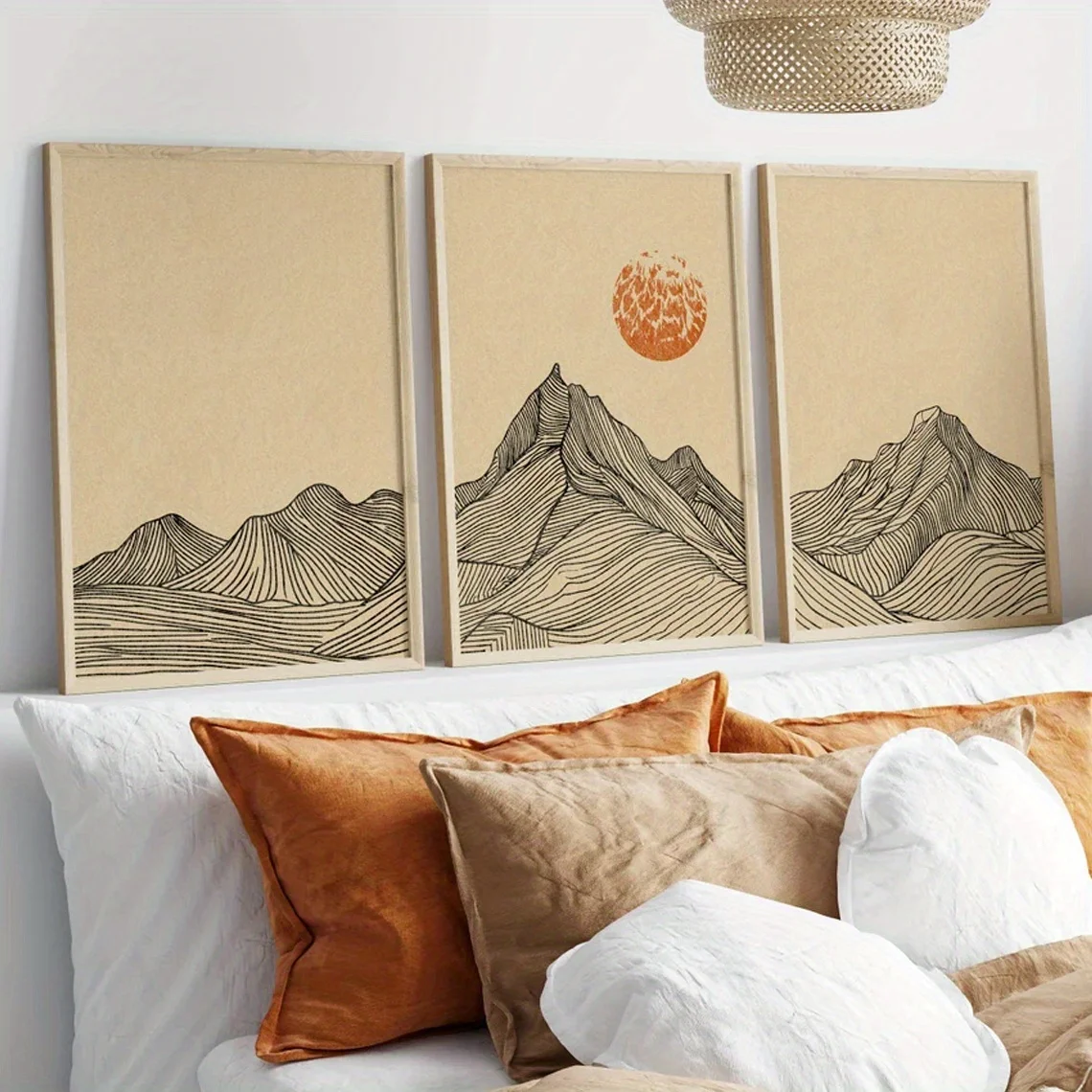 3 قطع من المناظر الطبيعية الجبلية الحديثة ثلاثية الإطار على الطراز الياباني مطبوعات فنية جدارية مع تصميم طبيعي تجريدي، مثالية لغرفة المعيشة