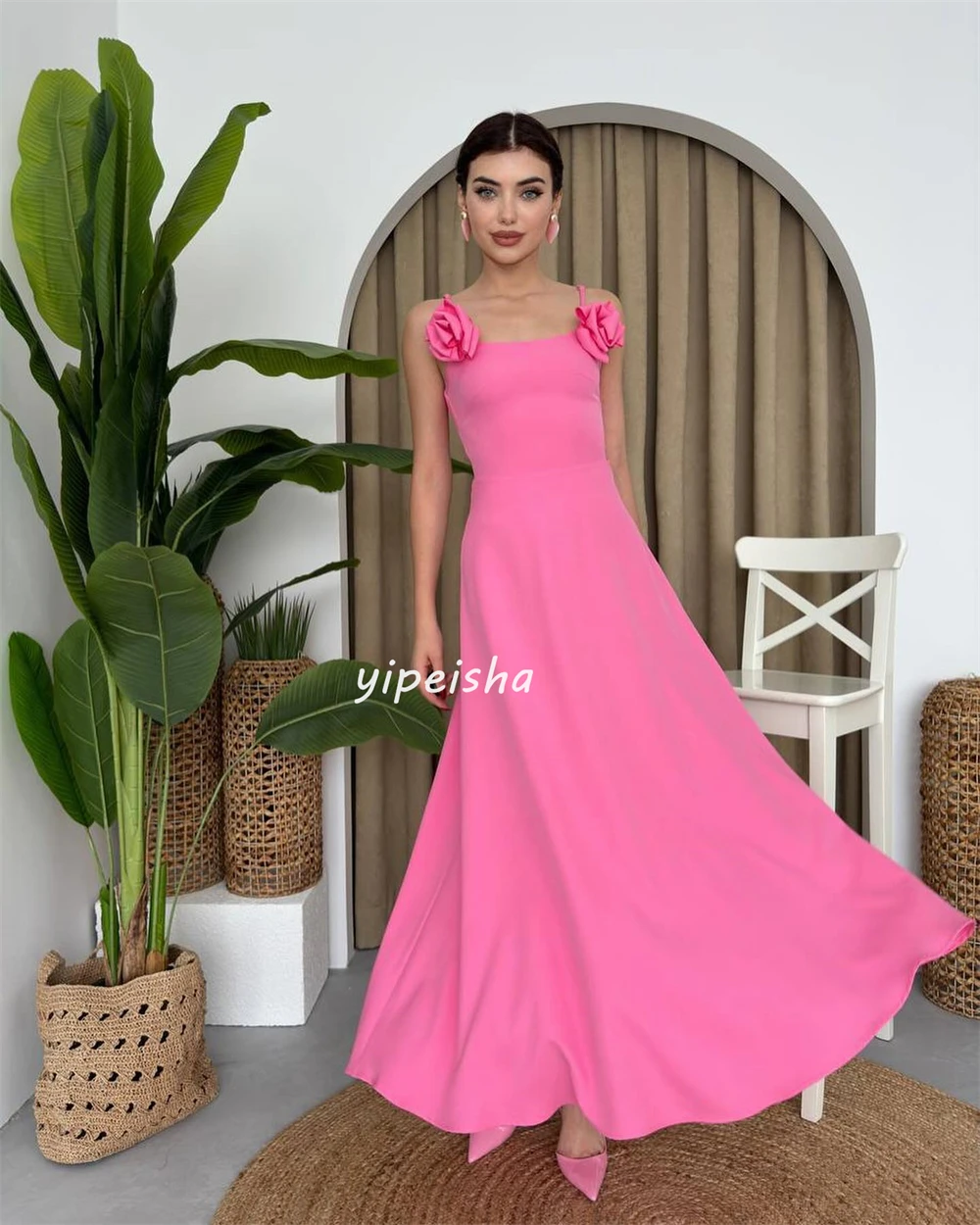 Personalizado estilo moderno Jersey apliques flor hecha a mano A-line Spaghetti Strap vestidos Midi sin tirantes vestidos de quinceañera