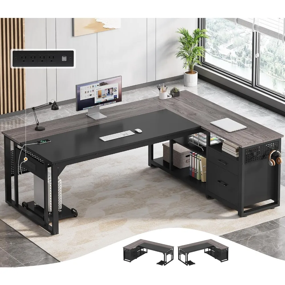 

71 inch administrative desk with power outlet, reversible L-shaped computer desk with file drawers and storage shelves
