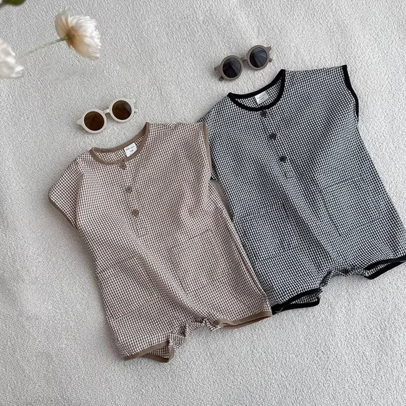 

Детский комбинезон, лето 2025 г., корейская цельная одежда для мальчиков, хлопковая клетчатая одежда с короткими рукавами для скалолазания