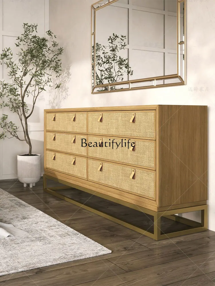 

Mild Luxury Retro Rattan Woven Chest of Six Drawers Drawer Sideboard Cabinet Living Room Storage Organizer Entrance Cabinet