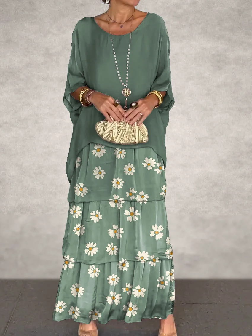 2025 패션 O넥 프린트 출퇴근 드레스 우아한 캐주얼 레이어드 러플 엣지 파티 드레스 박쥐 소매 쉬폰 비치 휴가 드레스