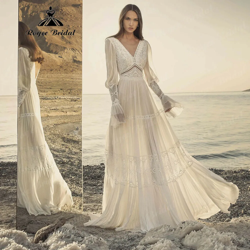 Robe Civil Long Sleeve Chiffon Boho Bohemian Wedding Dress for Women 2024 Bridal Gown Backless Custom Made vestido de novia boda