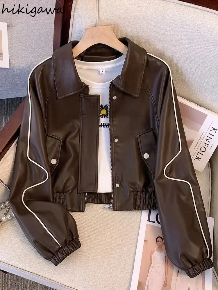 Streetwear Leather Jackets for Women Crop Tops Turndown Collar Zipper Outwear Vintage Casual PU Y2k Coats 2024 Ropa Mujer 63b427